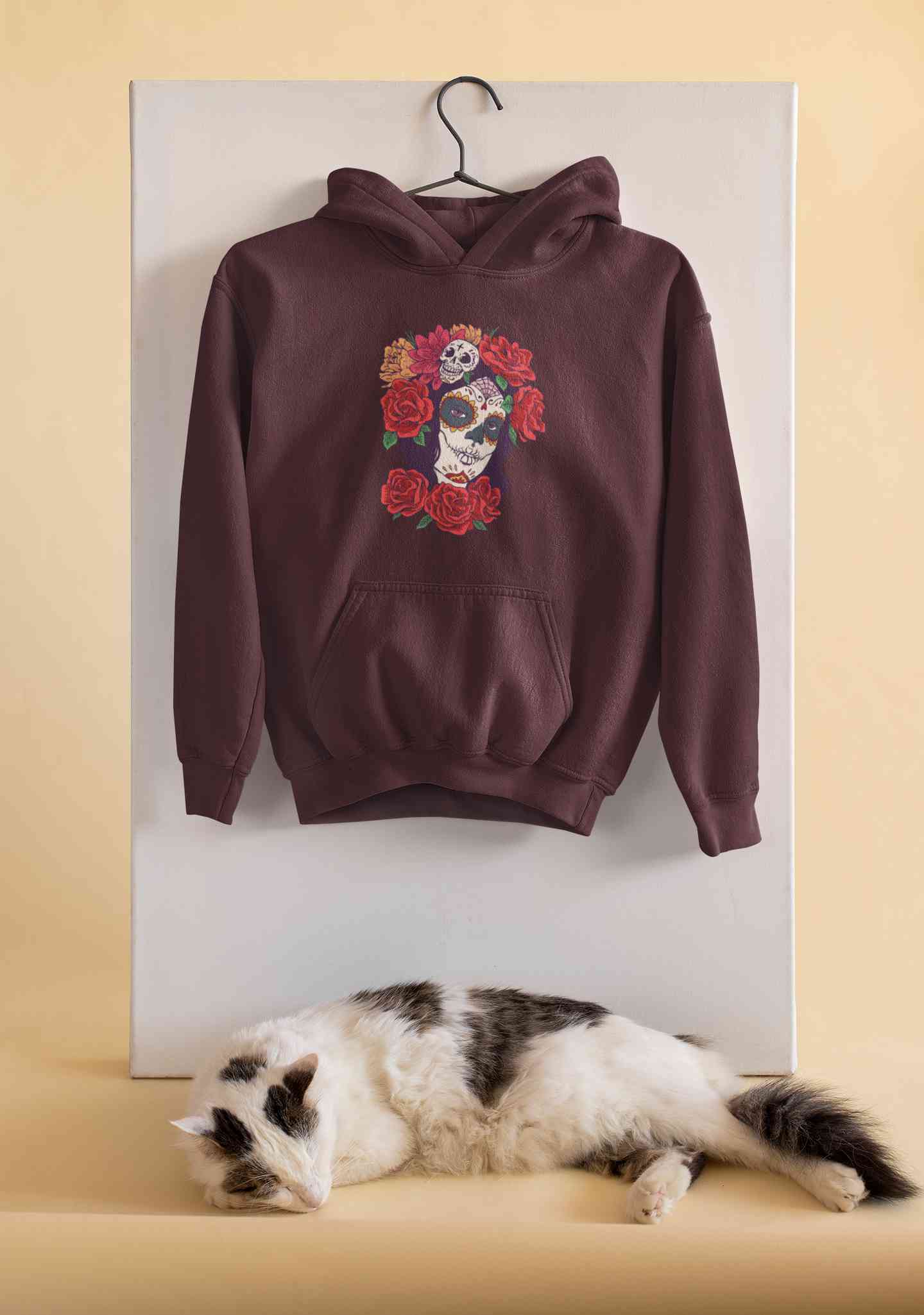 Day Of The Dead Floral Skull Illustration Hoodies for Women-FunkyTeesClub