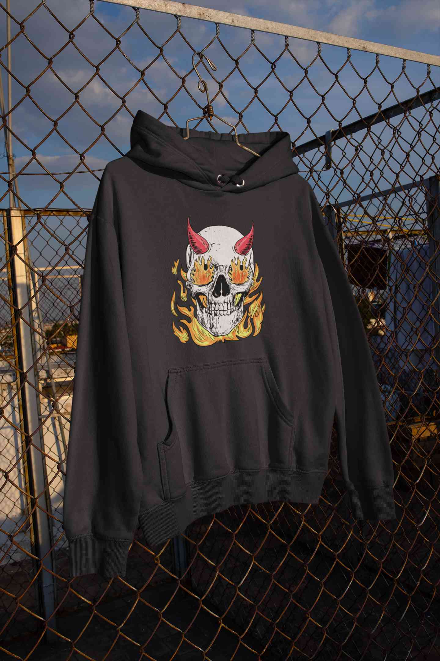 A Horned Skull In Flames Men Hoodies-FunkyTeesClub