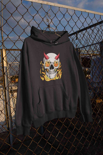 A Horned Skull In Flames Hoodies for Women-FunkyTeesClub