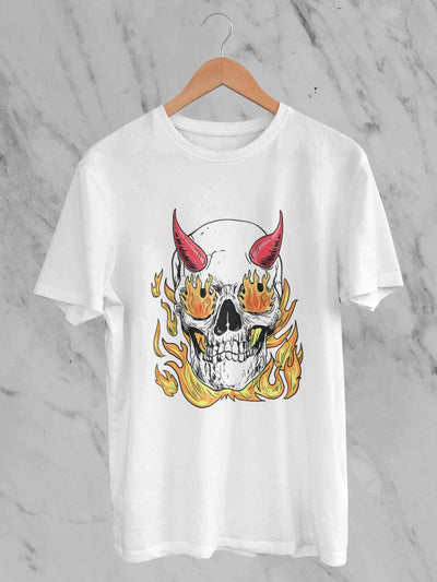 A Horned Skull In Flames Women Half Sleeves T-shirt- FunkyTeesClub