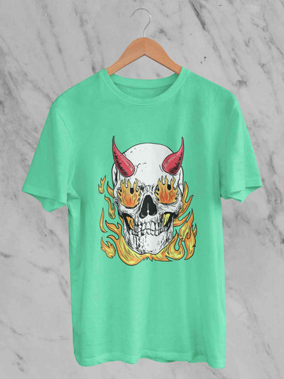 A Horned Skull In Flames Women Half Sleeves T-shirt- FunkyTeesClub