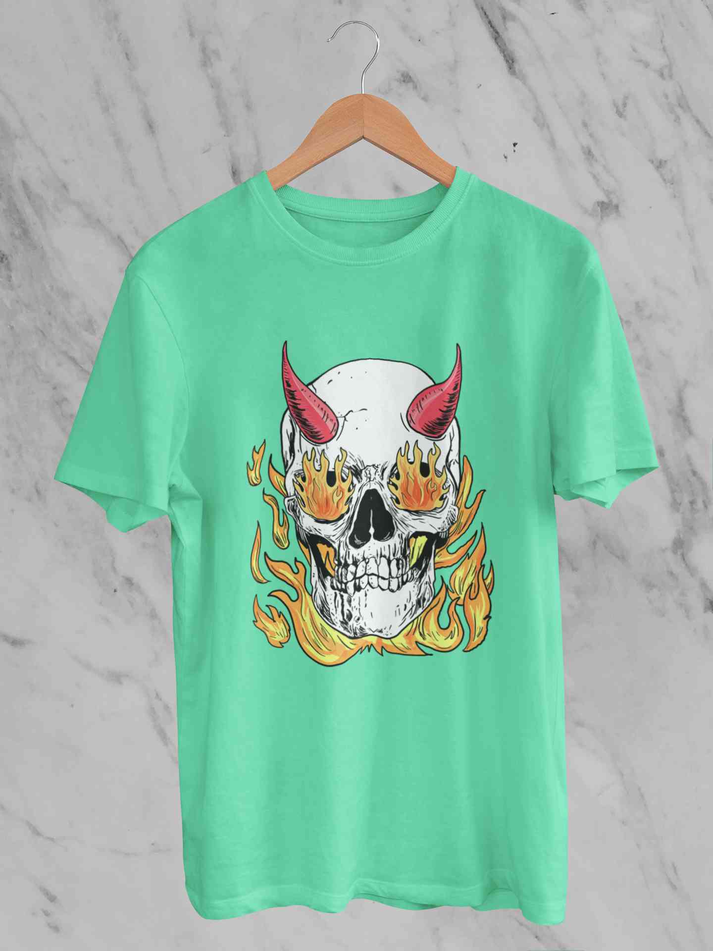 A Horned Skull In Flames Mens Half Sleeves T-shirt- FunkyTeesClub