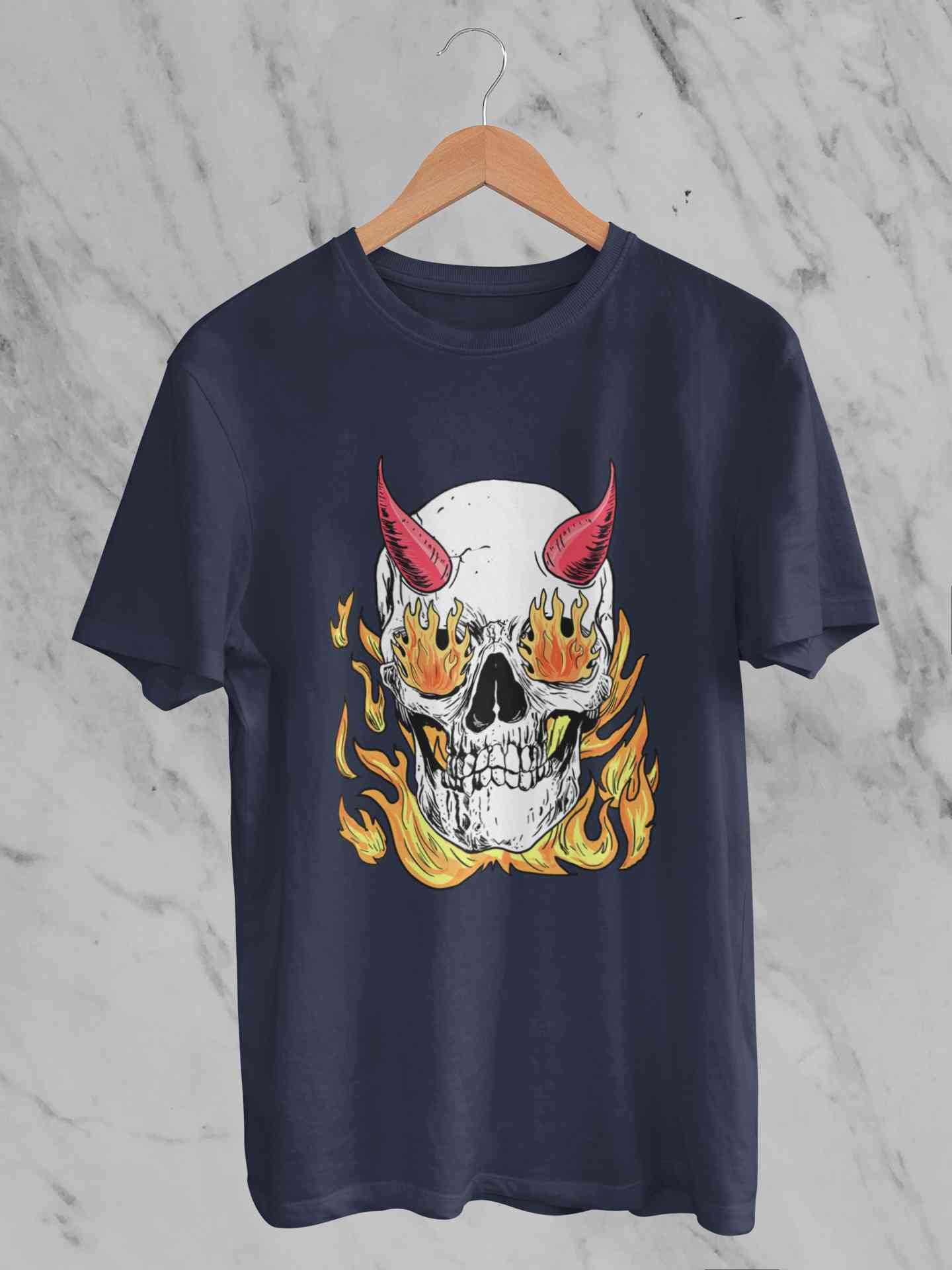 A Horned Skull In Flames Women Half Sleeves T-shirt- FunkyTeesClub