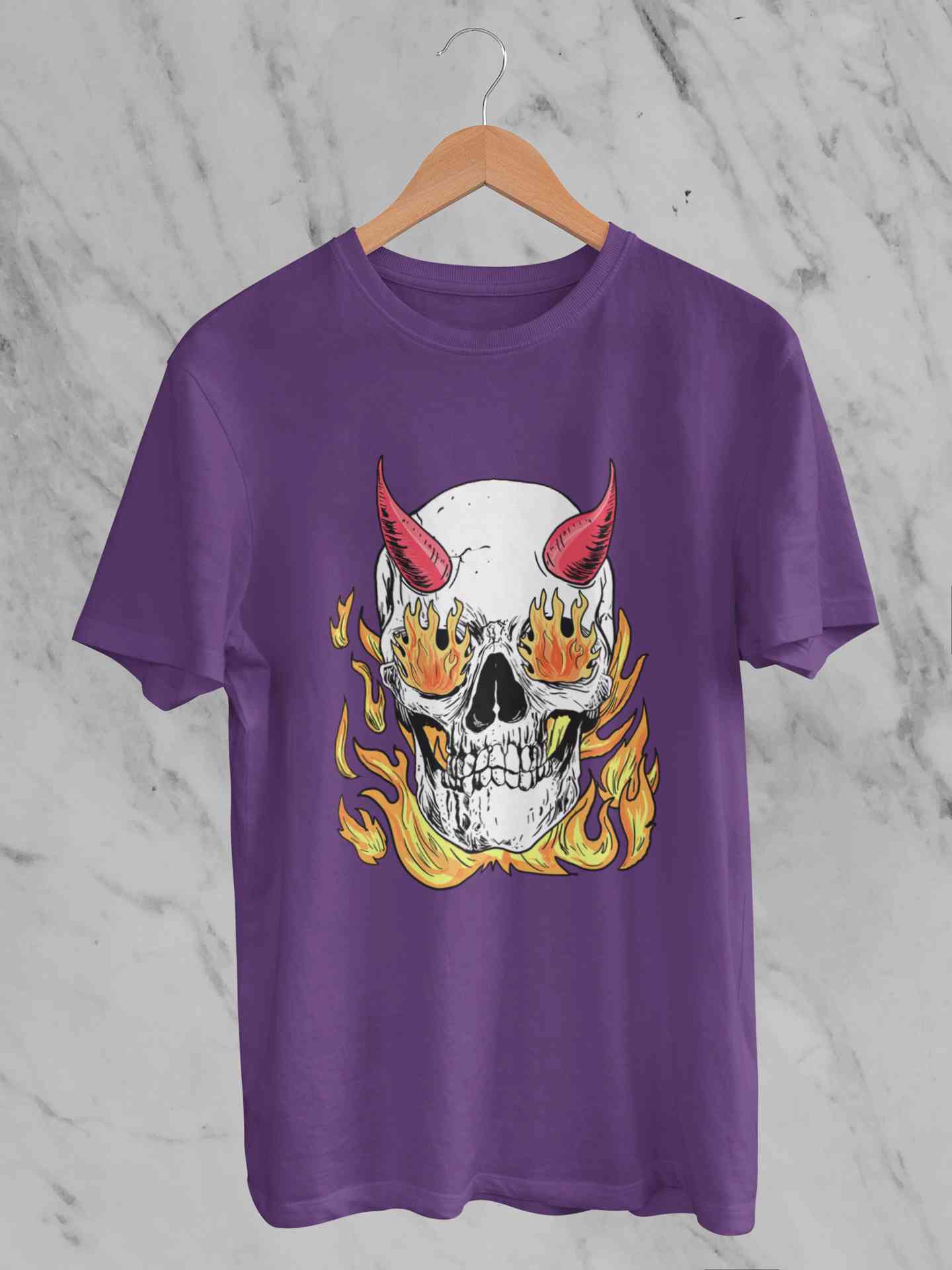 A Horned Skull In Flames Mens Half Sleeves T-shirt- FunkyTeesClub