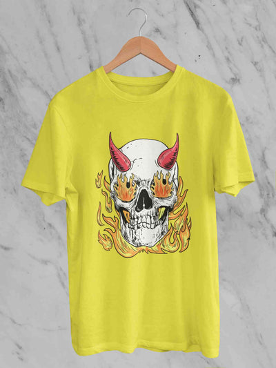 A Horned Skull In Flames Women Half Sleeves T-shirt- FunkyTeesClub