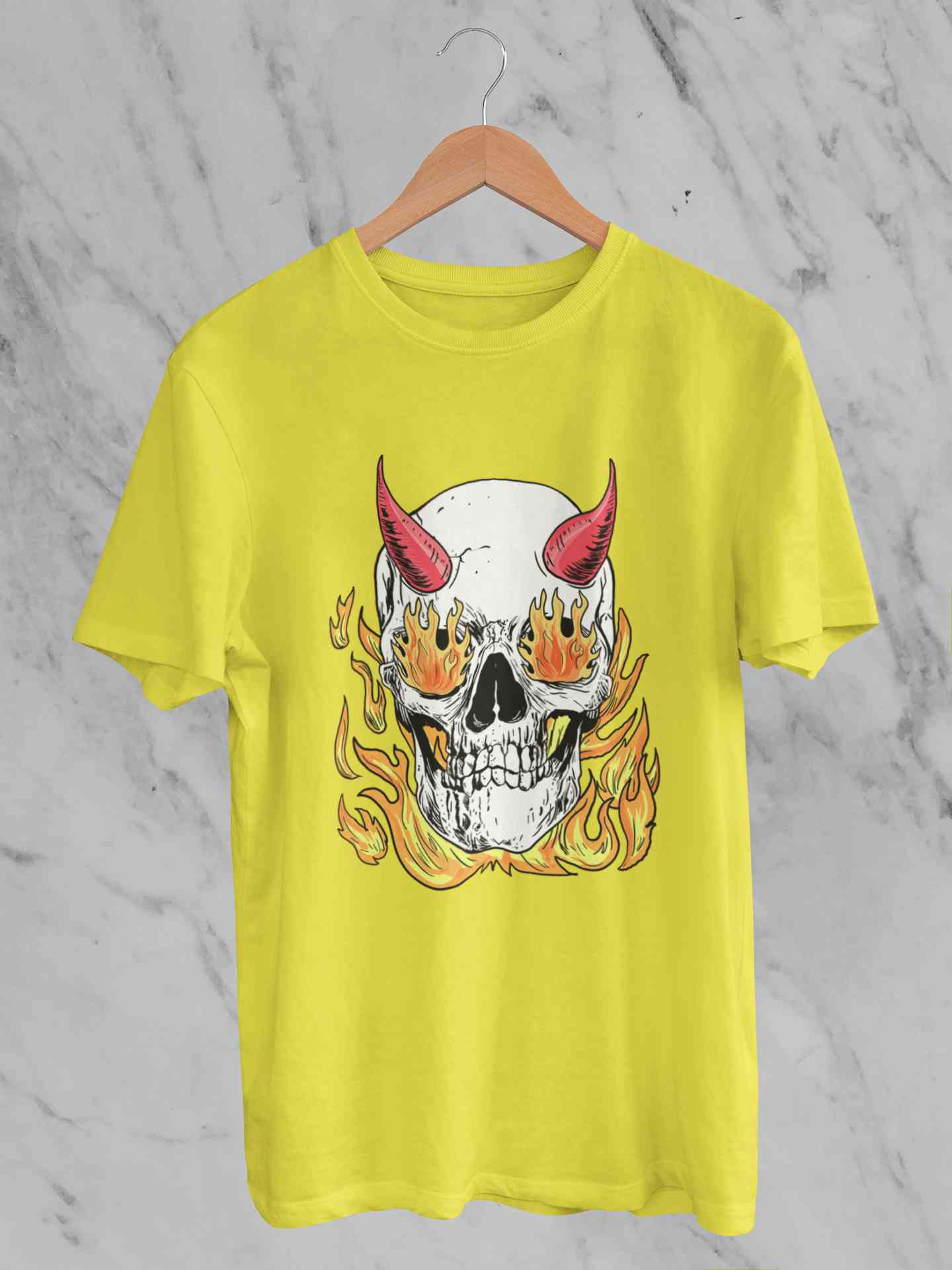 A Horned Skull In Flames Mens Half Sleeves T-shirt- FunkyTeesClub