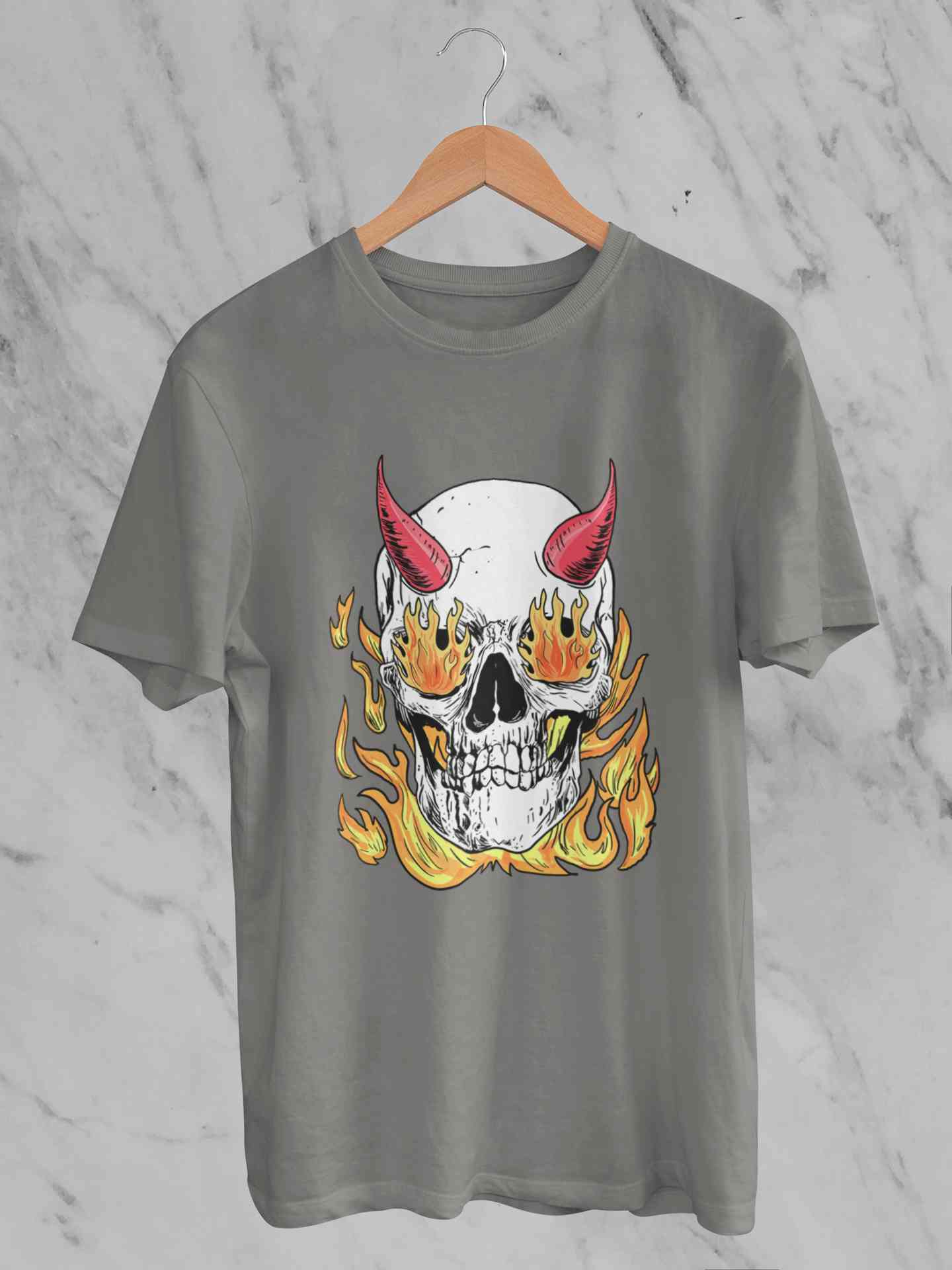 A Horned Skull In Flames Mens Half Sleeves T-shirt- FunkyTeesClub