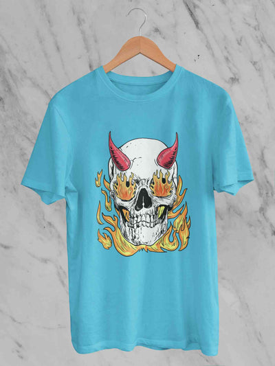 A Horned Skull In Flames Mens Half Sleeves T-shirt- FunkyTeesClub