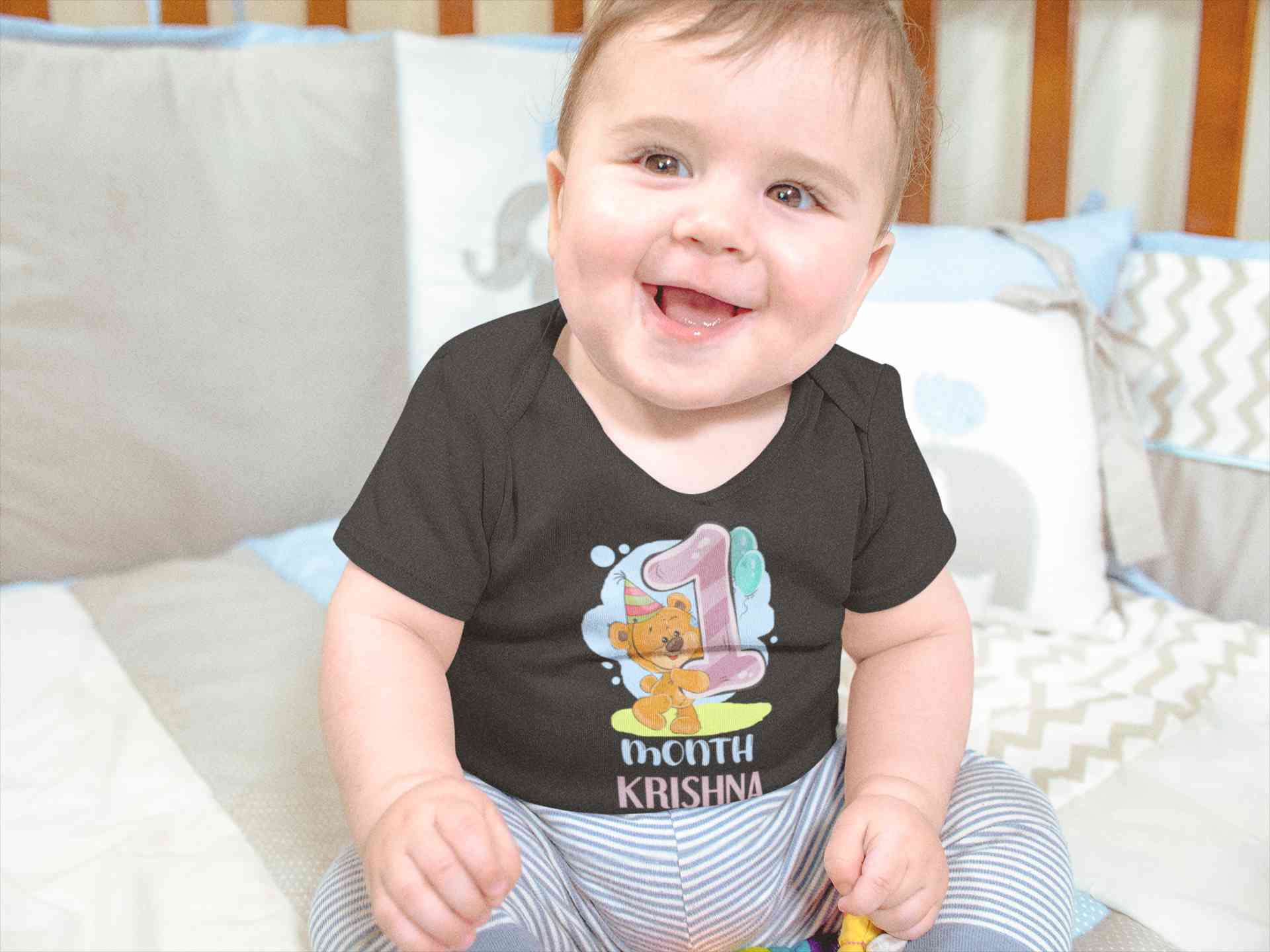 Custom Name 1 Month Birthday Teddy Design Rompers for Baby Boy- FunkyTeesClub