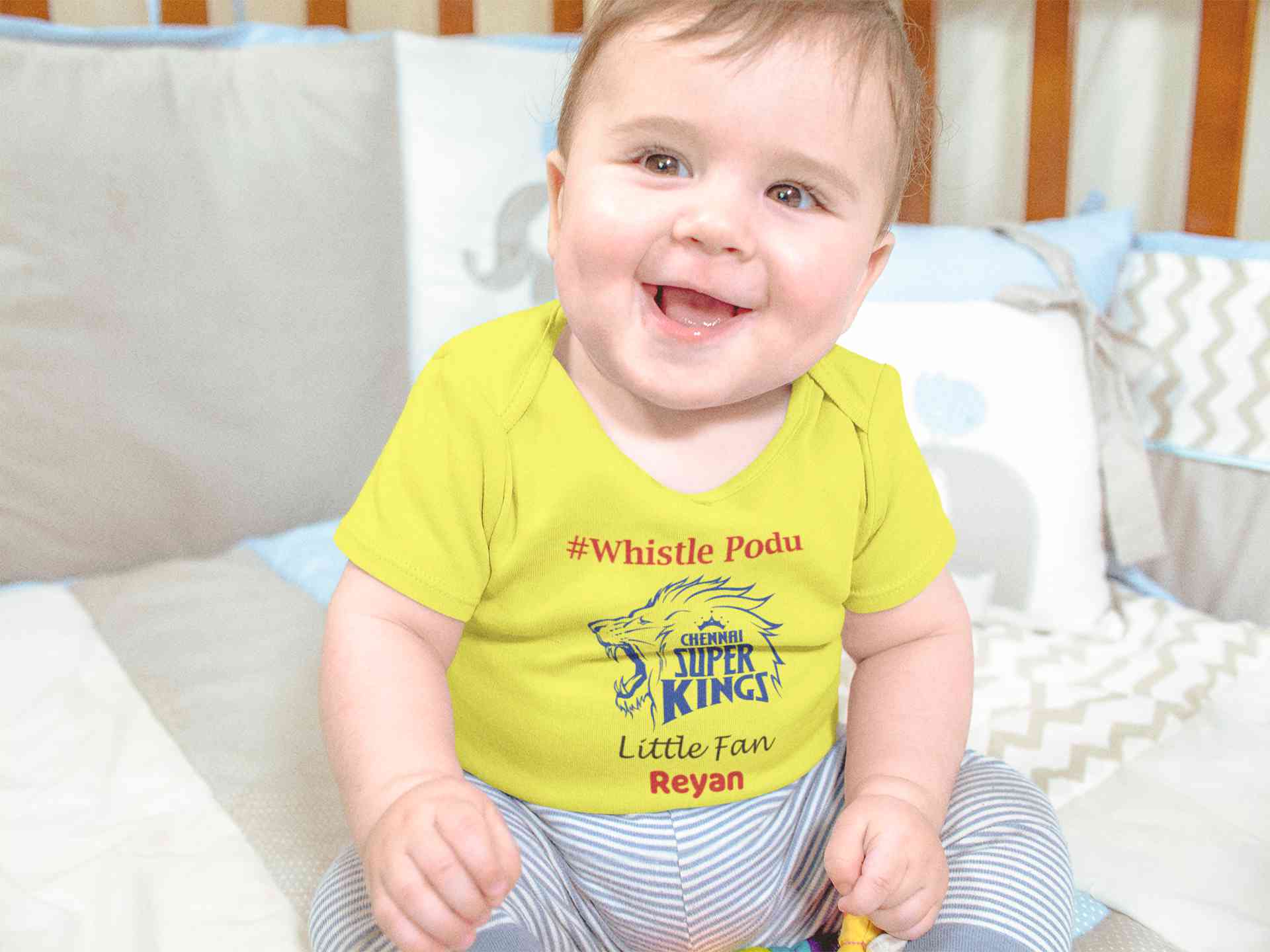 Custom Name IPL CSK Chennai Super Kings Whistle Podu Rompers for Baby Boy- FunkyTeesClub
