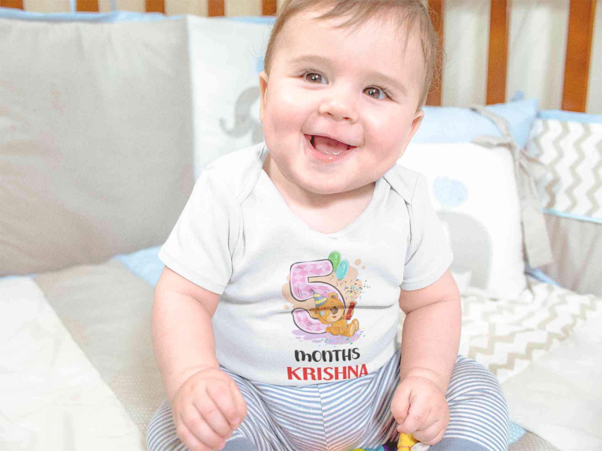 Custom Name 5 Month Birthday Teddy Design Rompers for Baby Boy- FunkyTeesClub