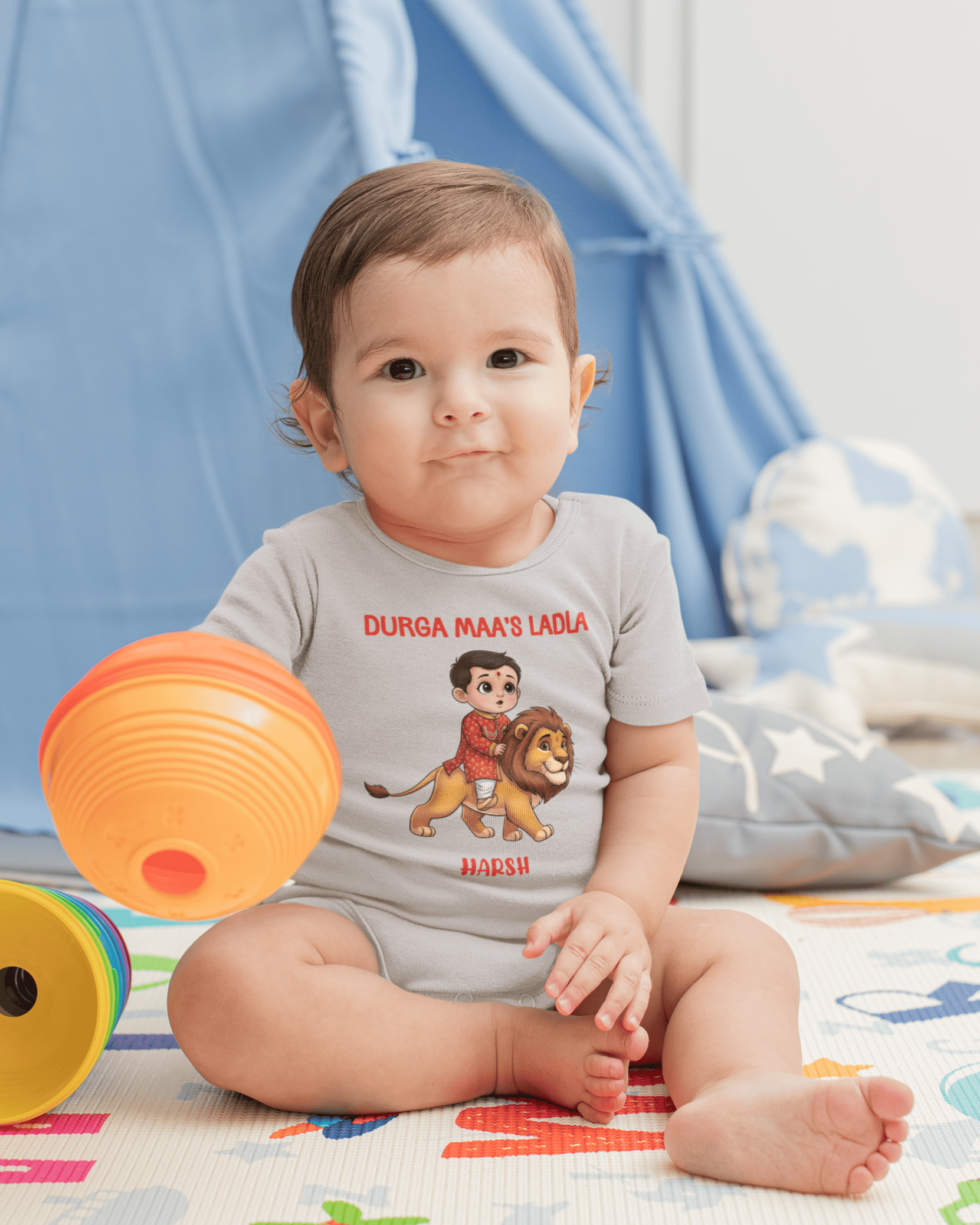 Custom Name Durga Maas Ladla Durga Pooja Rompers for Baby Boy- FunkyTeesClub