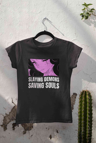 Iillustrated Girl Inspired By Demon Slayer Anime Women Half Sleeves T-shirt- FunkyTeesClub