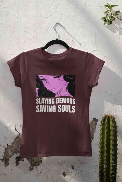 Iillustrated Girl Inspired By Demon Slayer Anime Women Half Sleeves T-shirt- FunkyTeesClub