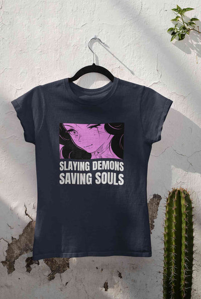 Iillustrated Girl Inspired By Demon Slayer Anime Women Half Sleeves T-shirt- FunkyTeesClub