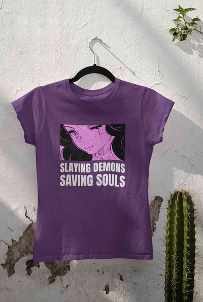 Iillustrated Girl Inspired By Demon Slayer Anime Women Half Sleeves T-shirt- FunkyTeesClub