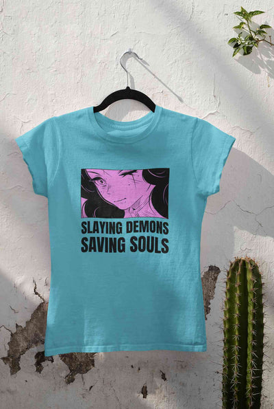 Iillustrated Girl Inspired By Demon Slayer Anime Women Half Sleeves T-shirt- FunkyTeesClub