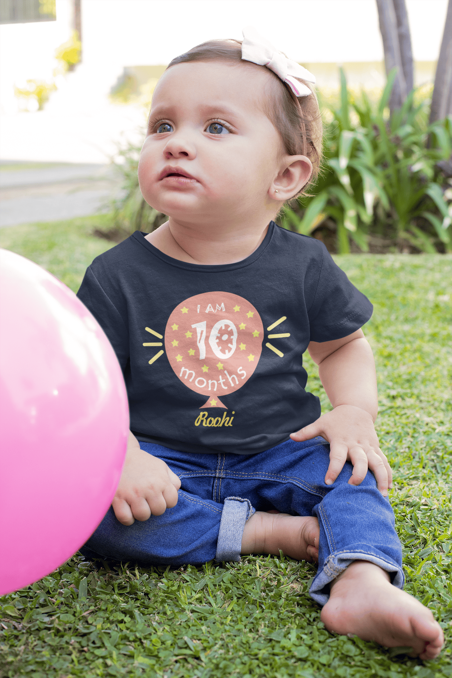 Custom Name Ten Month Baloon Half Sleeves T-Shirt For Girls -FunkyTeesClub