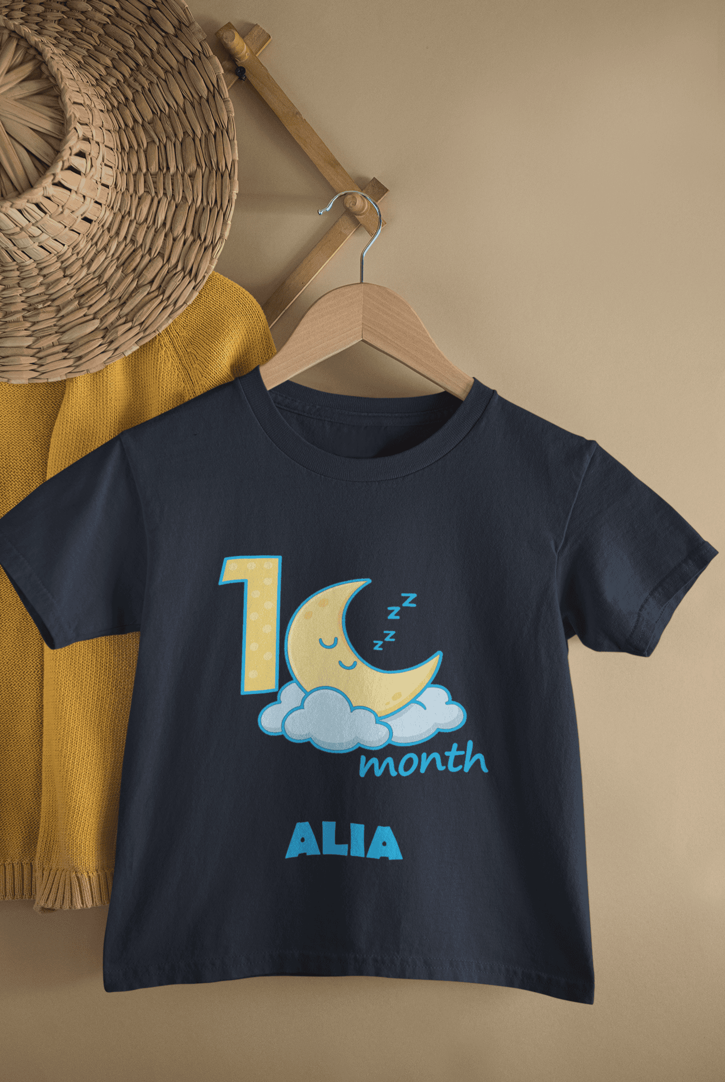 Custom Name One Month Moon Half Sleeves T-Shirt For Girls -FunkyTeesClub