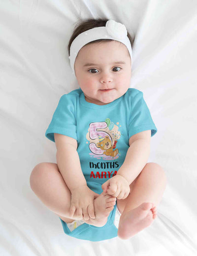 Custom Name 5 Month Birthday Teddy Design Rompers for Baby Girl- FunkyTeesClub