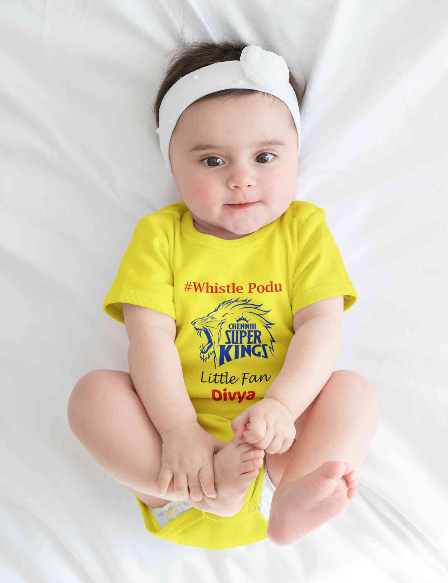 Custom Name IPL CSK Chennai Super Kings Whistle Podu Rompers for Baby Girl- FunkyTeesClub
