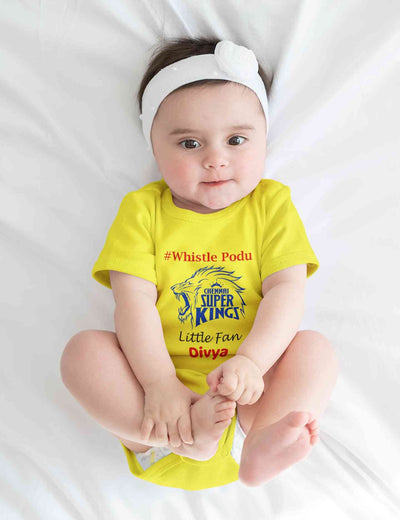 Custom Name IPL CSK Chennai Super Kings Whistle Podu Rompers for Baby Girl- FunkyTeesClub