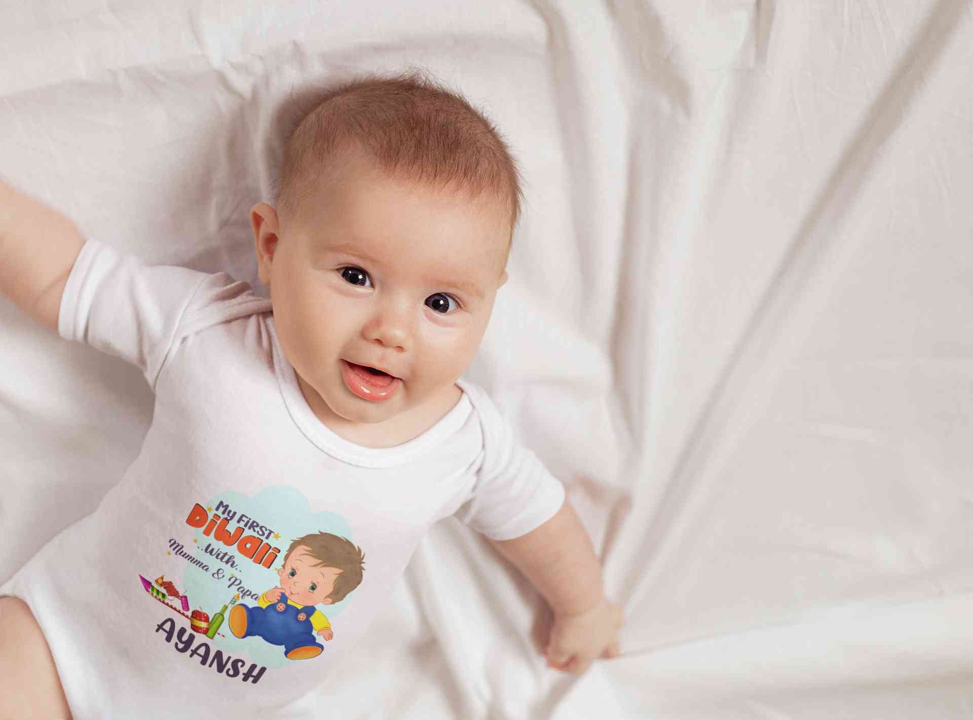 Custom Name My First Diwali With Mumma Papa Rompers for Baby Boy- FunkyTeesClub
