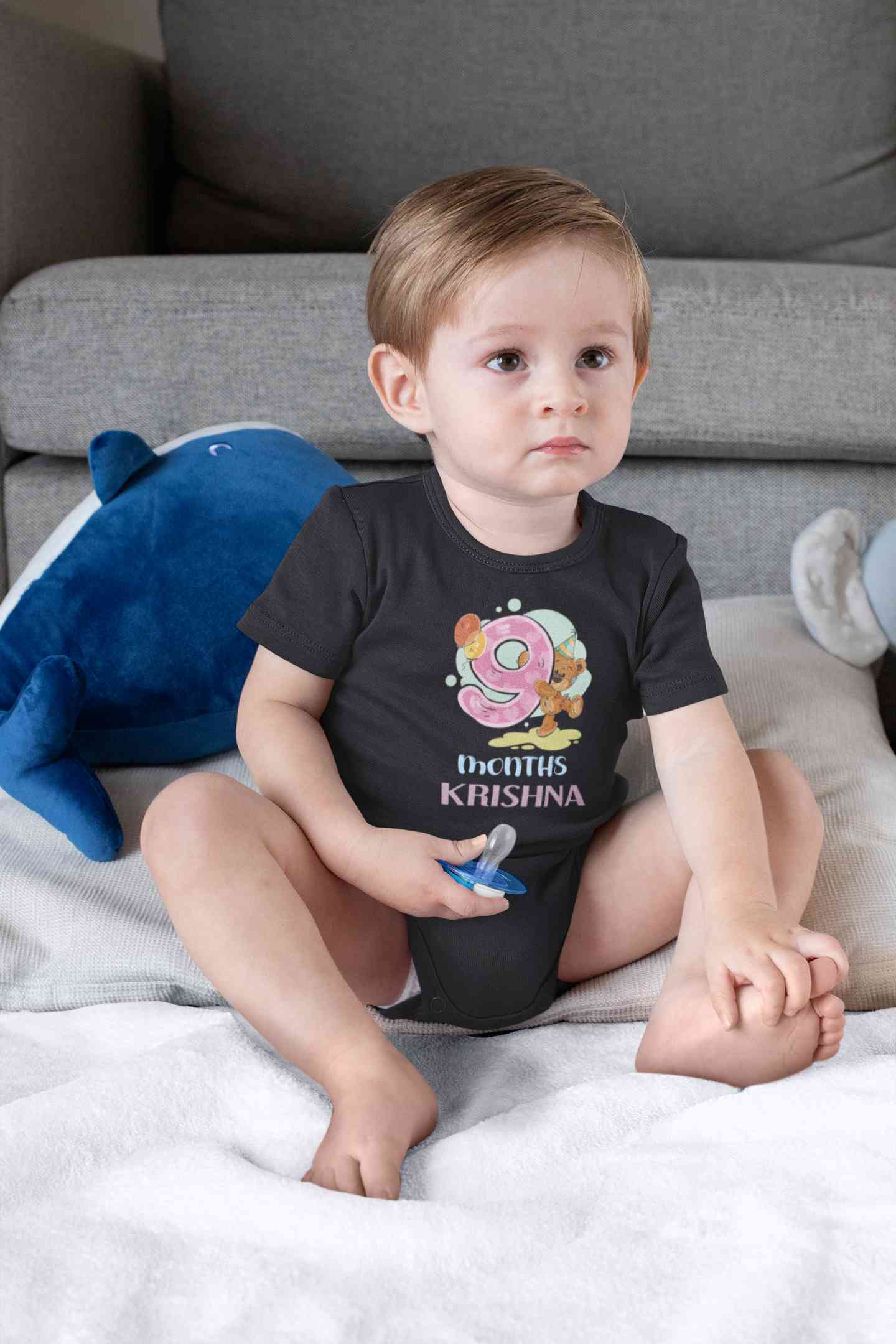 Custom Name 9 Month Birthday Teddy Design Rompers for Baby Boy- FunkyTeesClub