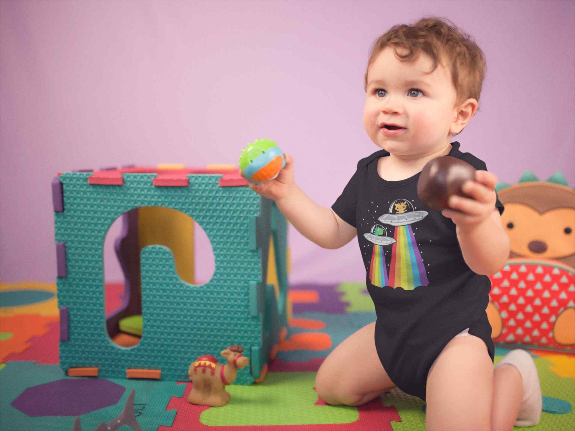 Rainbow Spaceship Cartoon Rompers for Baby Boy- FunkyTeesClub