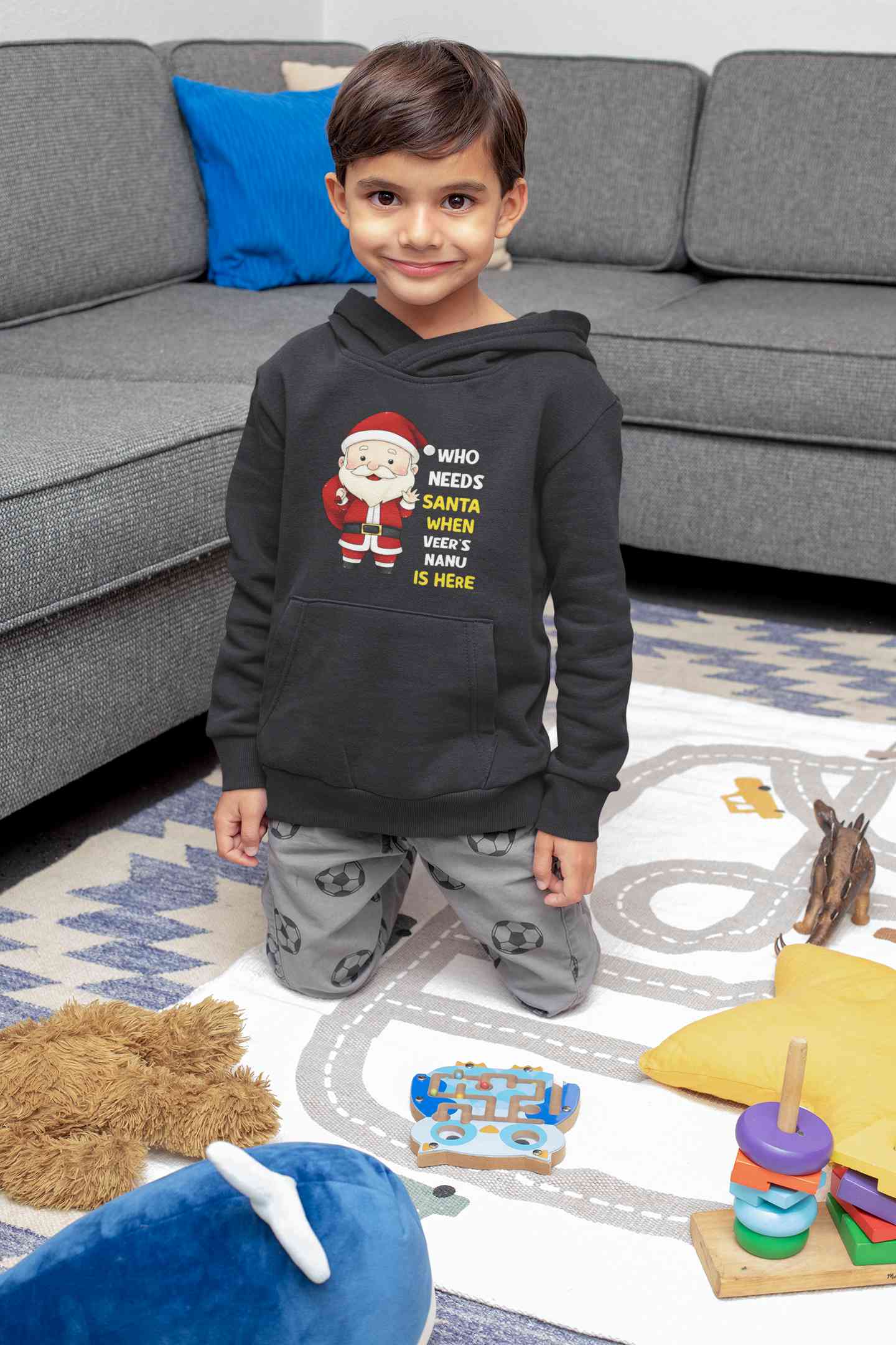 Customized Name Santa Nanu Is Here Christmas Boy Hoodies-FunkyTeesClub