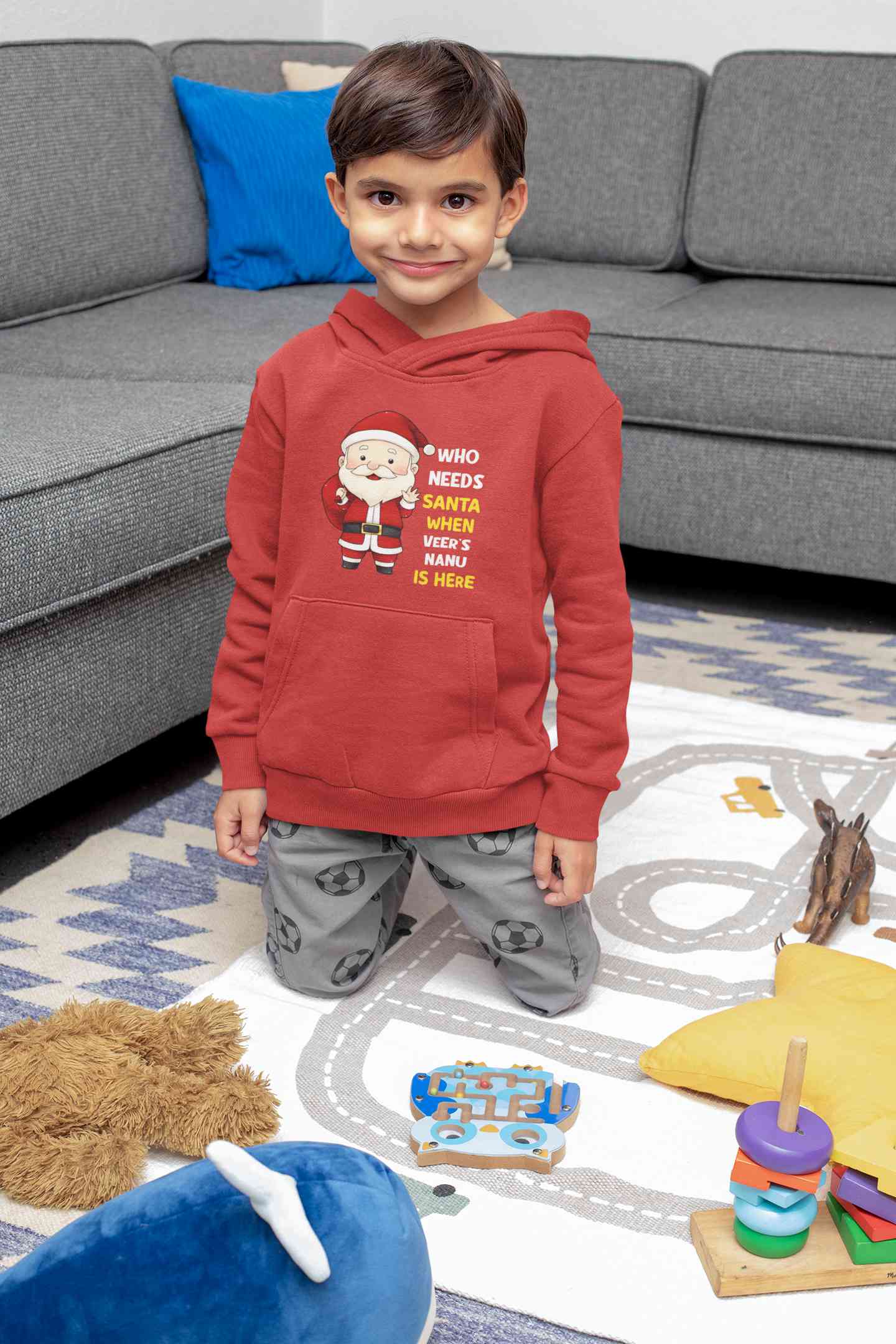 Customized Name Santa Nanu Is Here Christmas Boy Hoodies-FunkyTeesClub