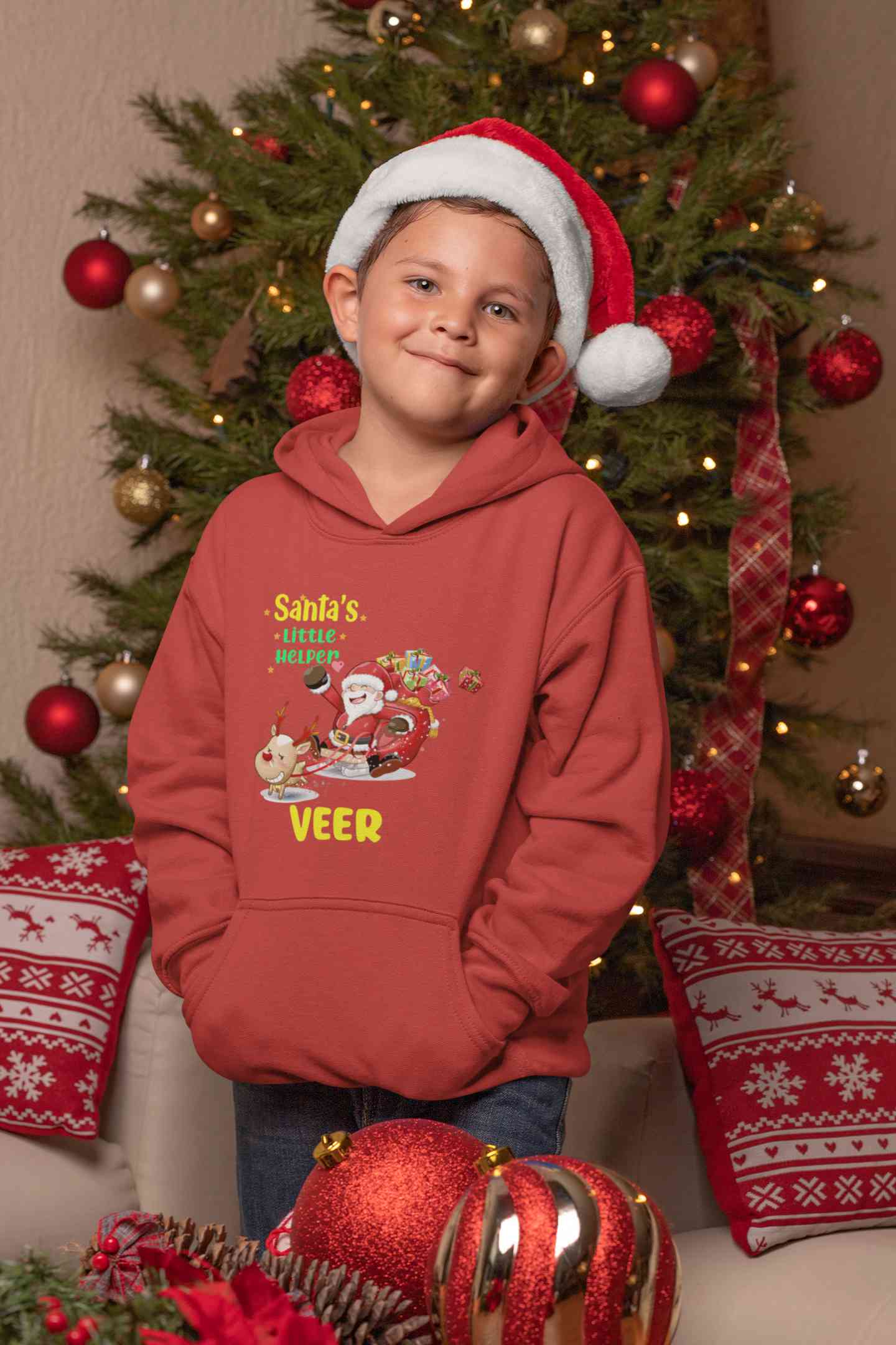 Customized Name Santas Little Helper Christmas Boy Hoodies-FunkyTeesClub