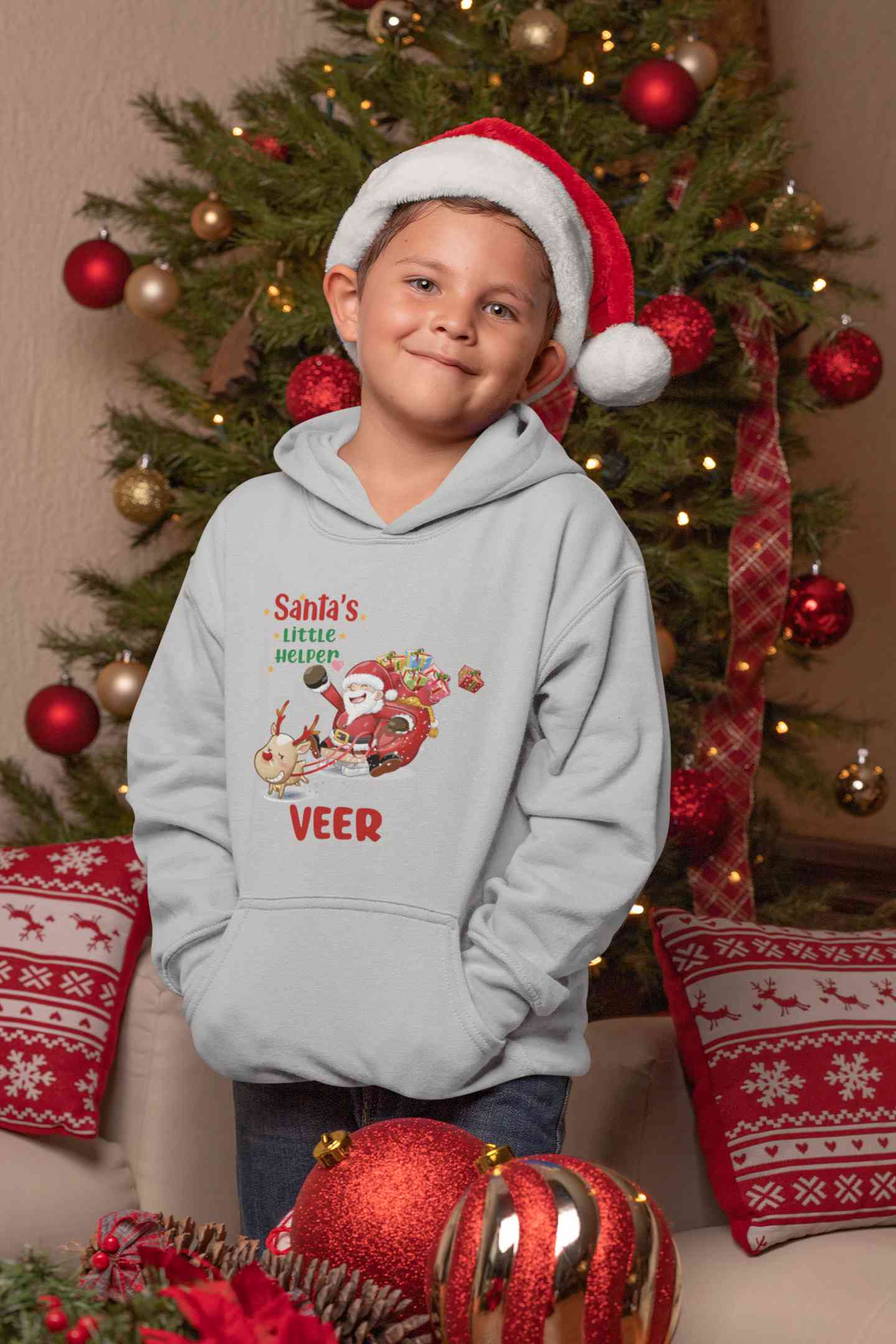 Customized Name Santas Little Helper Christmas Boy Hoodies-FunkyTeesClub