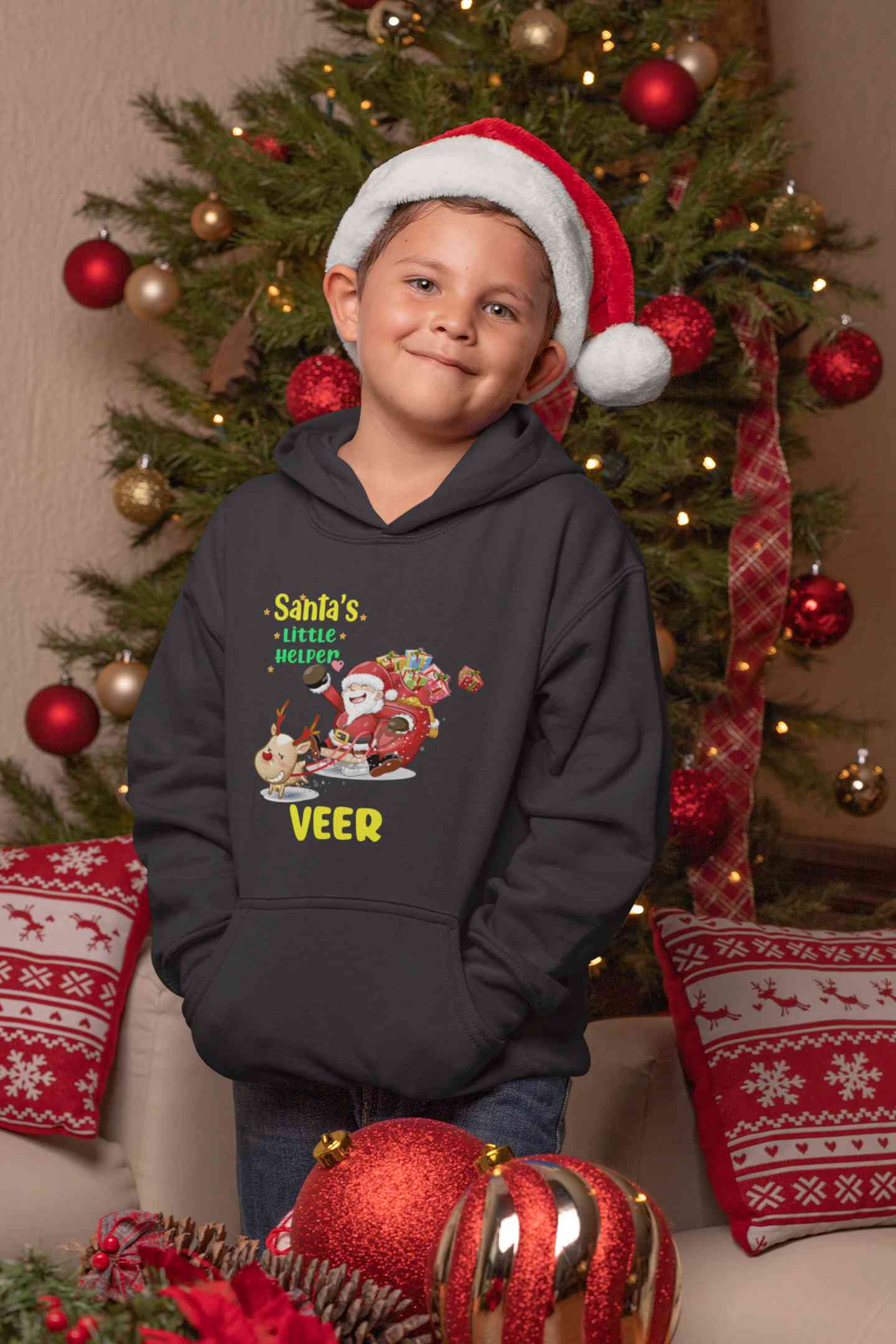 Customized Name Santas Little Helper Christmas Boy Hoodies-FunkyTeesClub