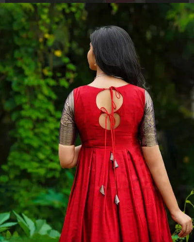 Pleasance Tomato Red Colored Festive Wear Weaving Jacquard Silk Gown-FunkyTeesClub
