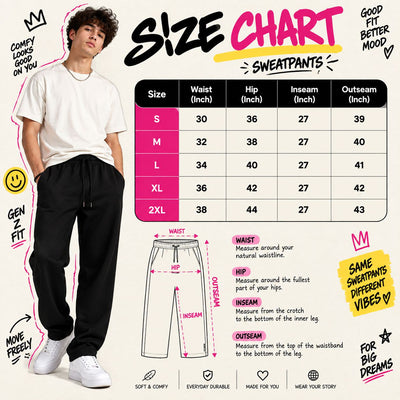 A size chart graphic for sweatpants featuring a male model wearing black sweatpants on the left, a size table from S to 2XL with waist, hip, inseam, and outseam measurements, and a simple pant measurement diagram. The text reads 'SIZE CHART' and 'SWEATPANTS' with additional fit notes.