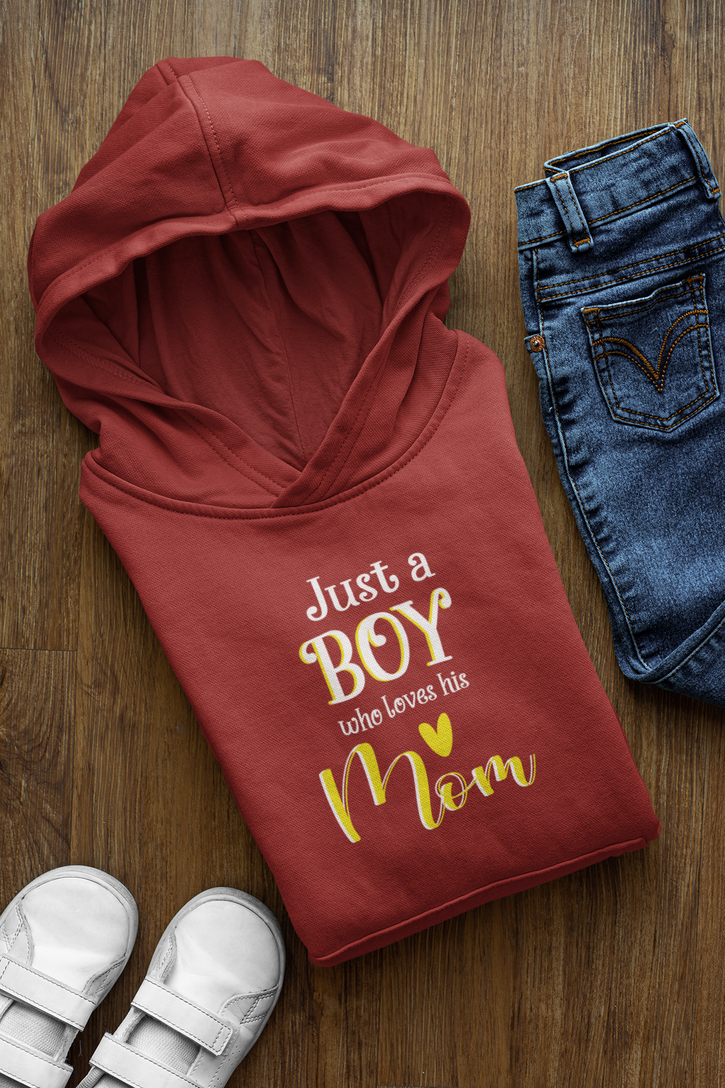 Just A Boy Who Loves His Mom Mother And Son Red Matching Hoodies- FunkyTeesClub