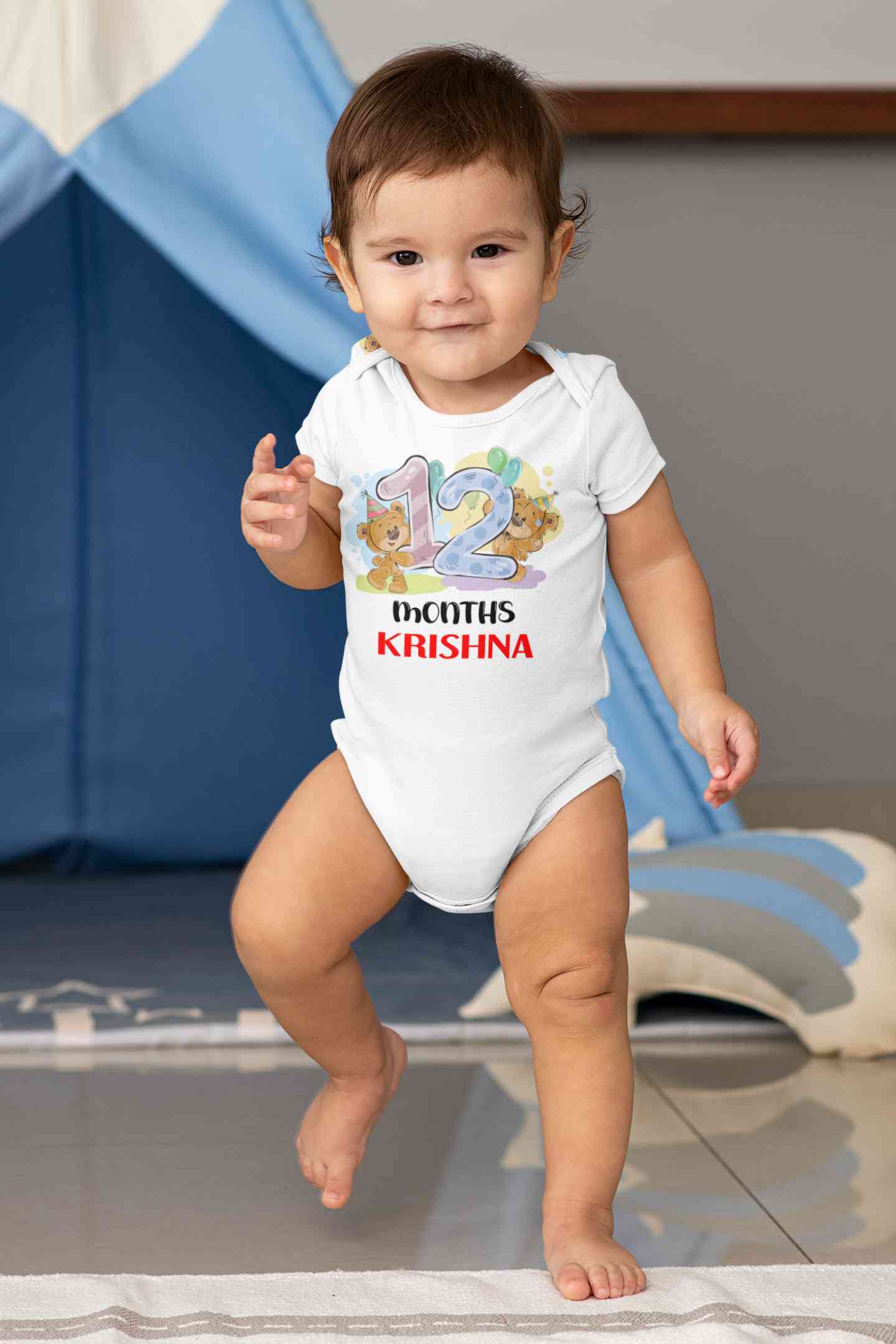Custom Name 12 Month Birthday Teddy Design Rompers for Baby Boy- FunkyTeesClub