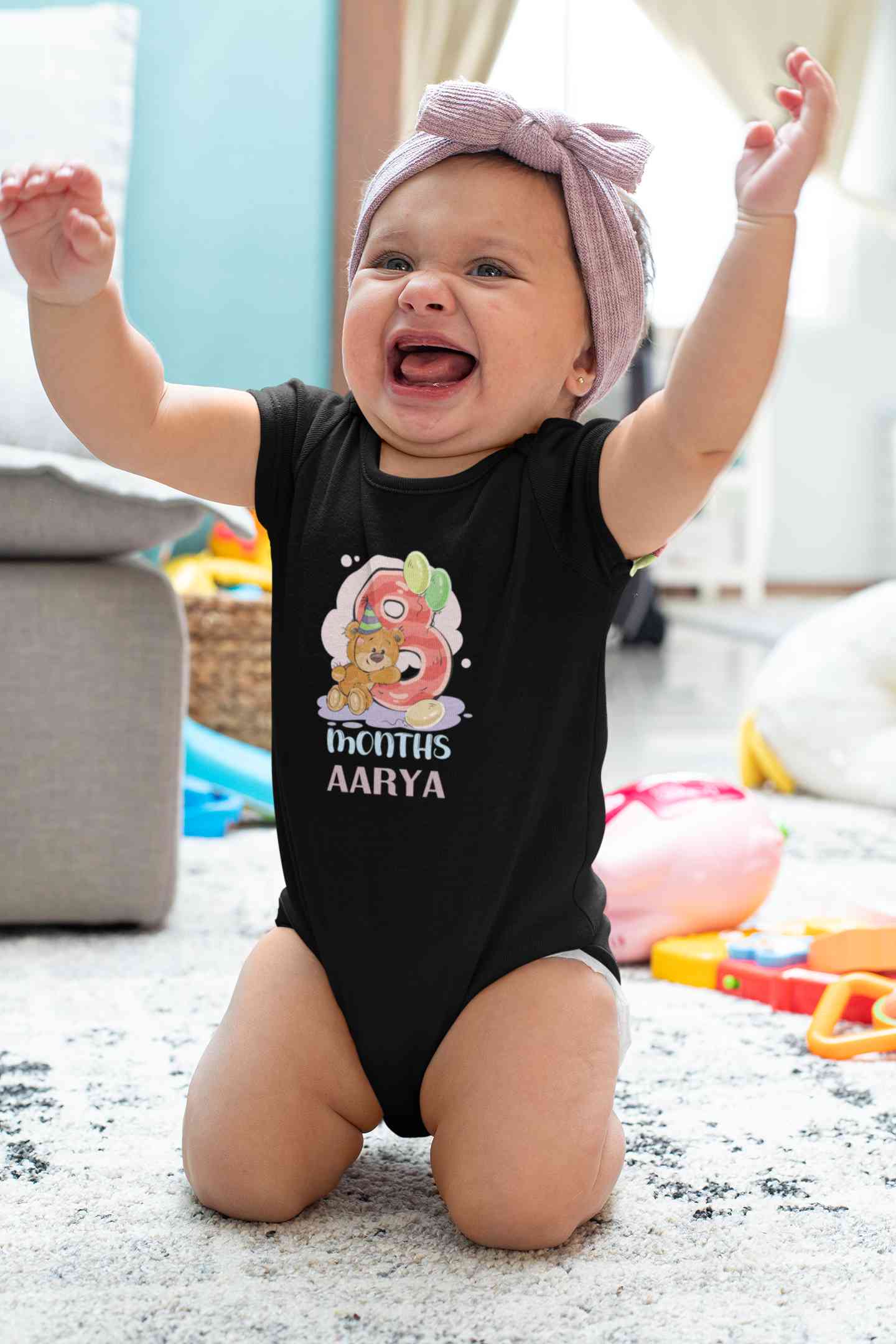 Custom Name 8 Month Birthday Teddy Design Rompers for Baby Girl- FunkyTeesClub