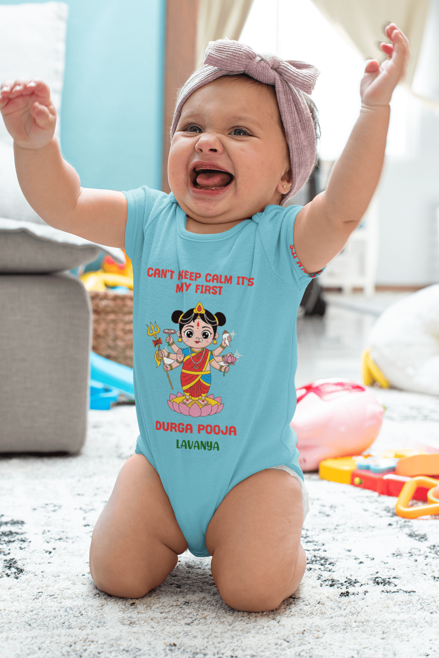 Custom Name Can't Keep Calm It's My First Durga Pooja Navratri Rompers for Baby Girl- FunkyTeesClub