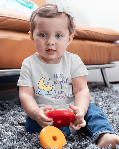 Custom Name Hello World New Born Half Sleeves T-Shirt For Girls -FunkyTeesClub