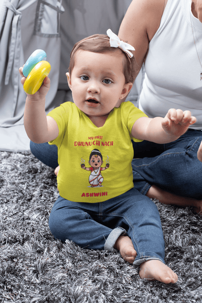 Custom Name My First Dhunuchi Nach Durga Pooja Half Sleeves T-Shirt For Girls -FunkyTeesClub