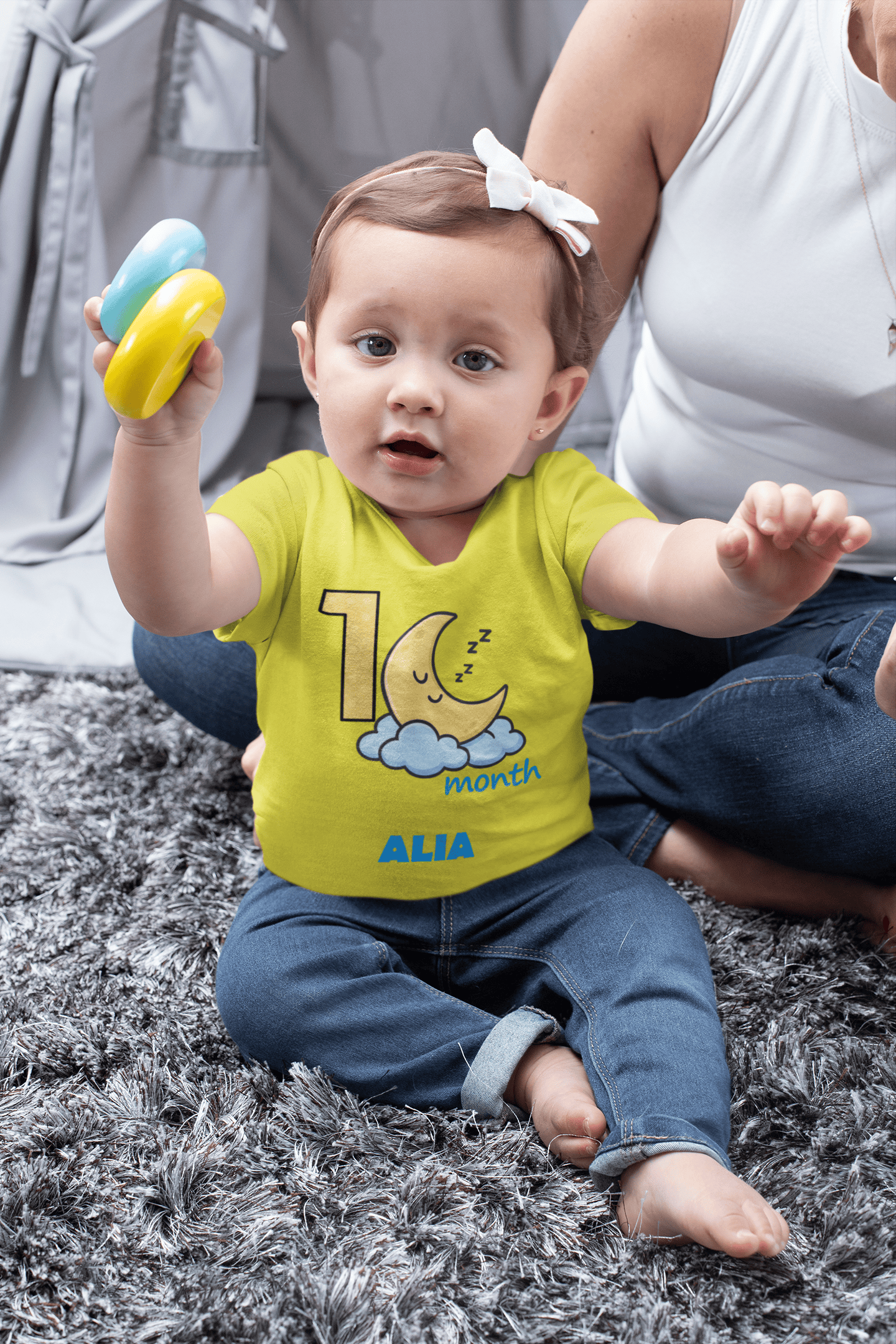 Custom Name One Month Moon Half Sleeves T-Shirt For Girls -FunkyTeesClub