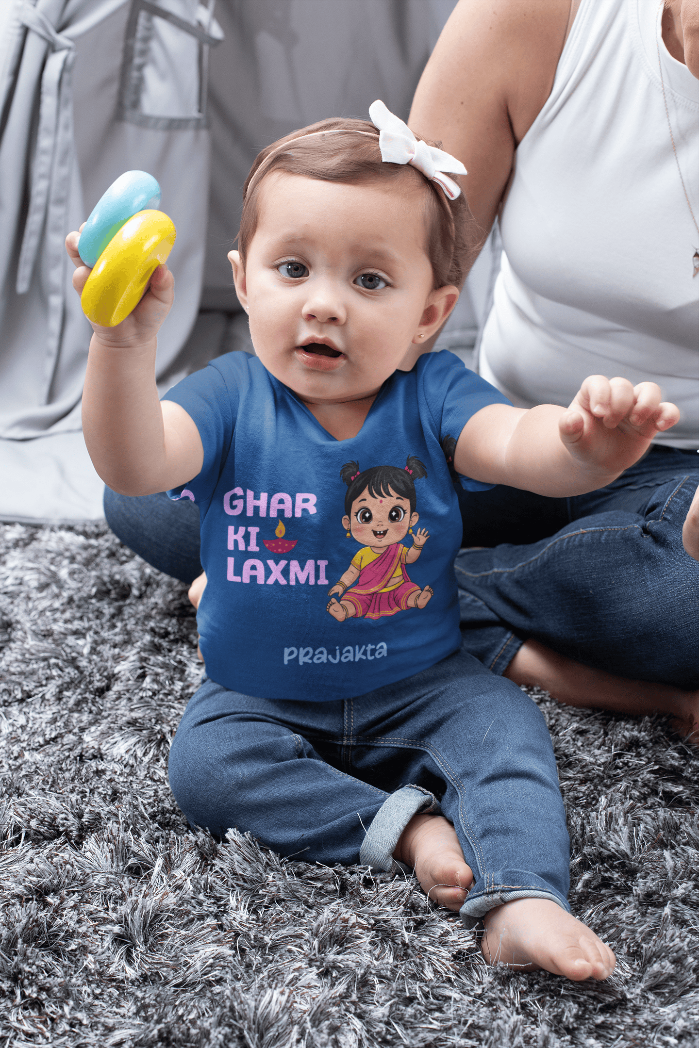 Custom Name Ghar Ki Laxmi Diwali Celebrations Half Sleeves T-Shirt For Girls -FunkyTeesClub