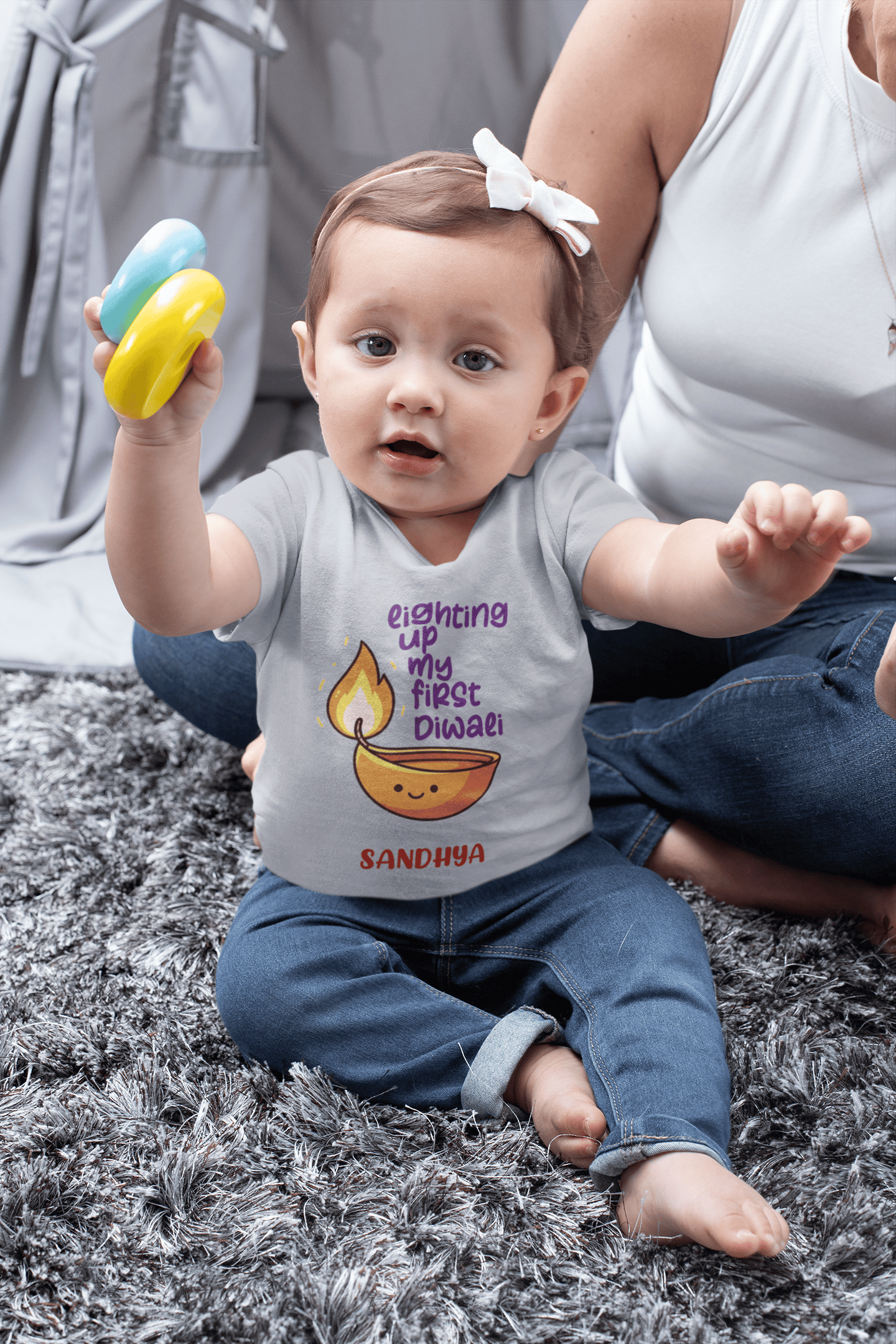 Custom Name Lighting Up My First Diwali Half Sleeves T-Shirt For Girls -FunkyTeesClub