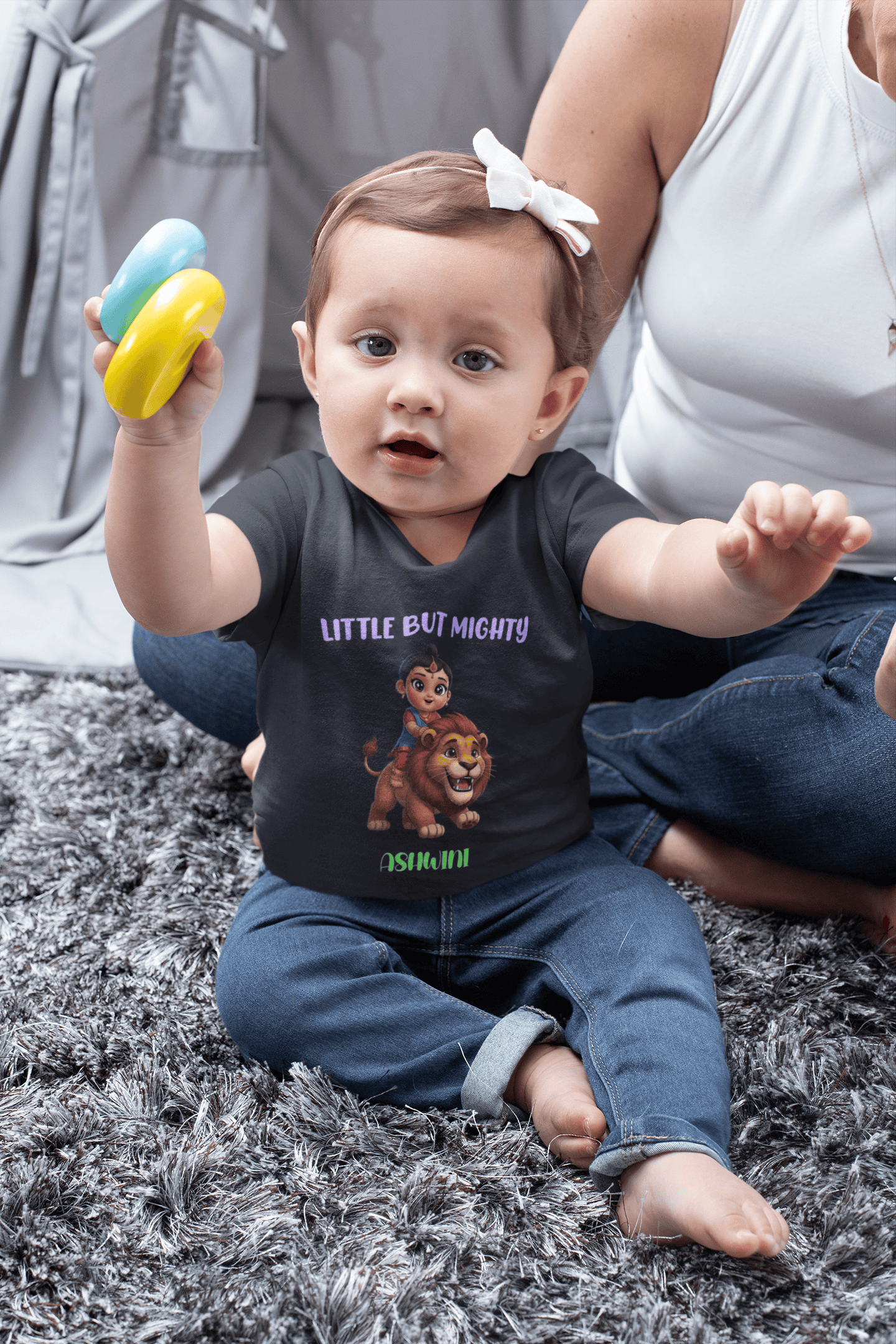 Custom Name Little But Mighty Durga Pooja Half Sleeves T-Shirt For Girls -FunkyTeesClub