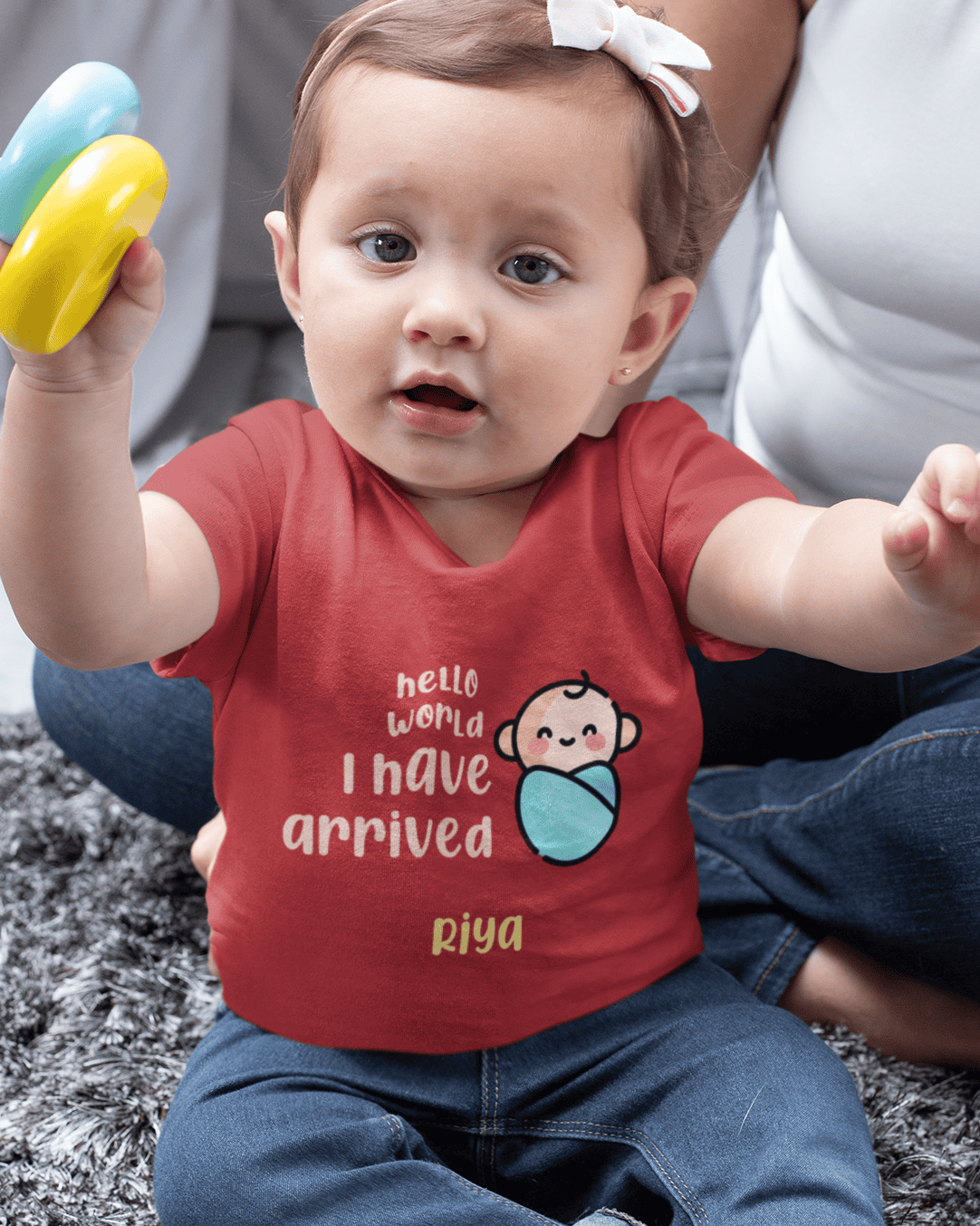 Custom Name Hello World I Have Arrived New Born Half Sleeves T-Shirt For Girls -FunkyTeesClub