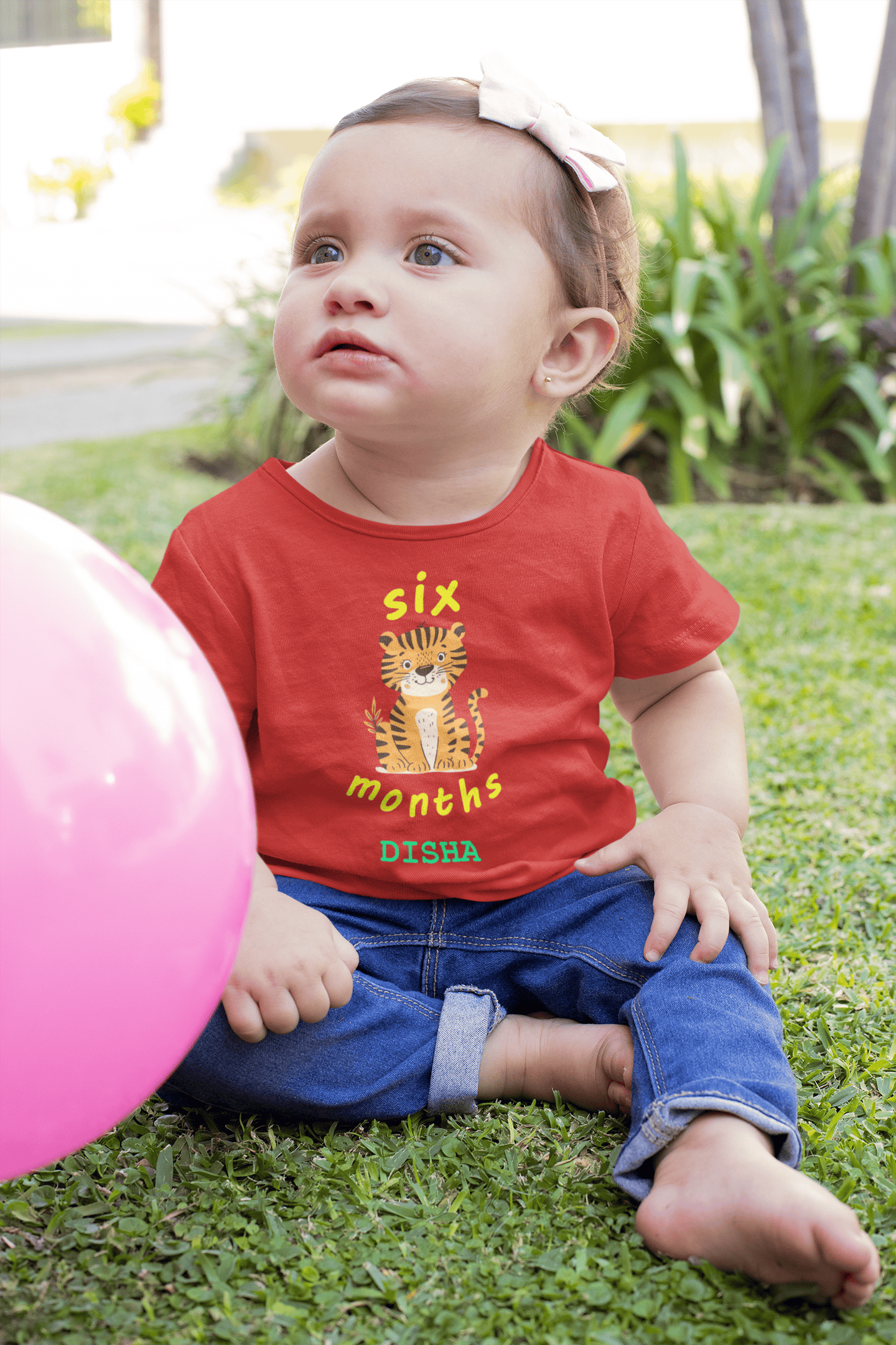 Custom Name Six Month Birthday Half Sleeves T-Shirt For Girls -FunkyTeesClub