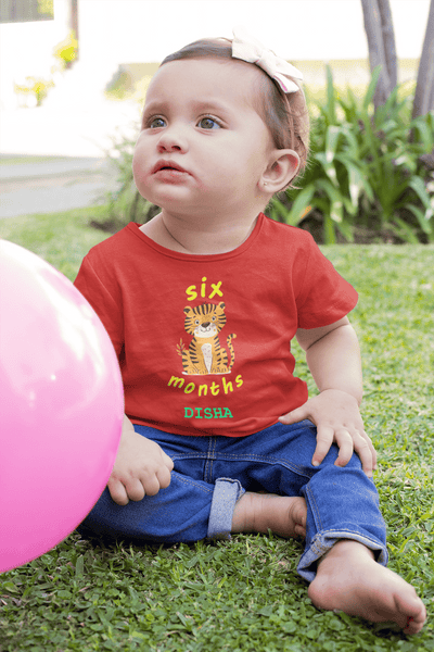 Custom Name Six Month Birthday Half Sleeves T-Shirt For Girls -FunkyTeesClub