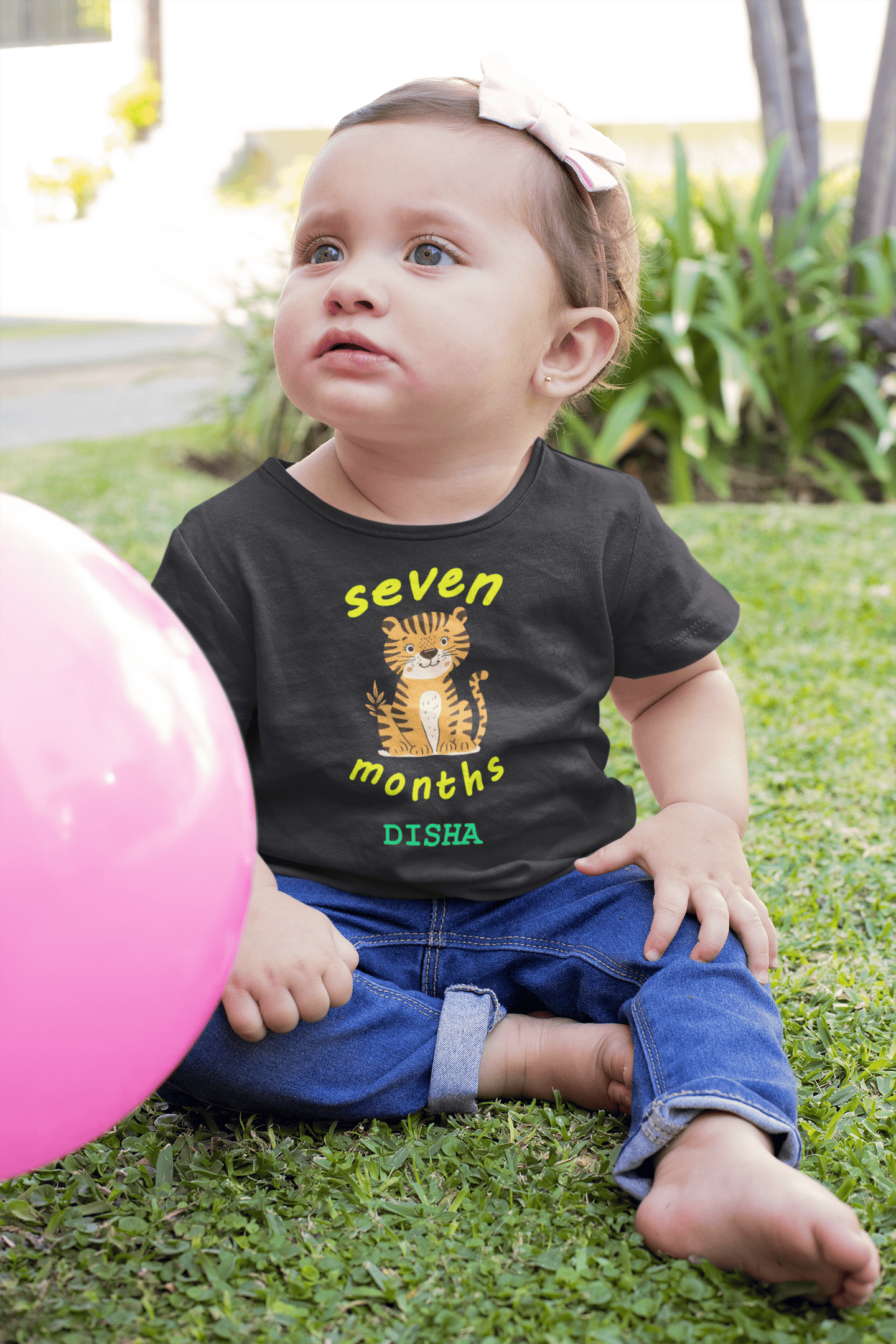 Custom Name Seven Month Birthday Half Sleeves T-Shirt For Girls -FunkyTeesClub